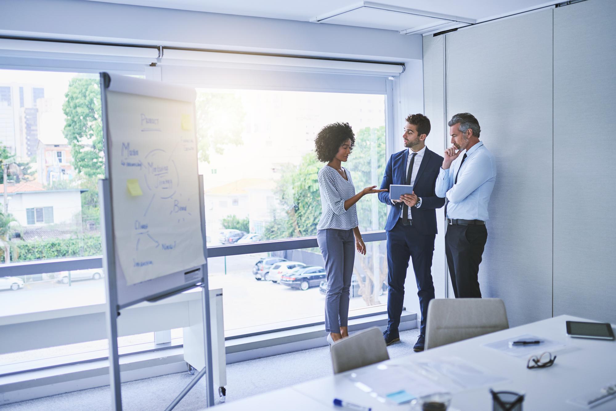 Finanzberaterin erklärt Strategie am Whiteboard